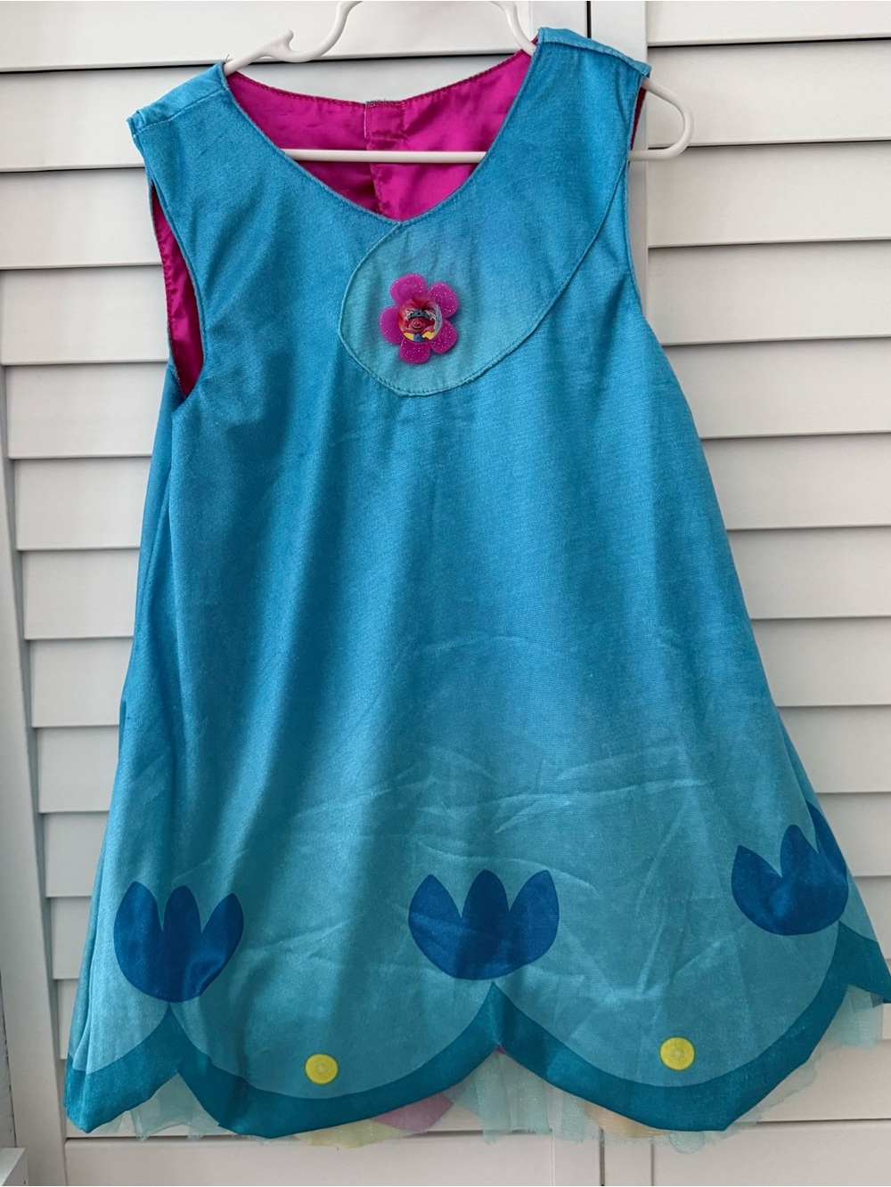 Trolls Poppy Halloween Costume - Blue Dress with Pink Lining and Flower Appliqué
